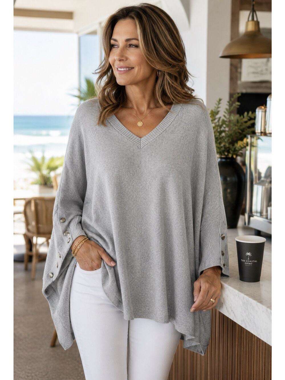 NWT RXB Womens M Light Gray Heather Oversized V Neck Dolman Sweater Poncho